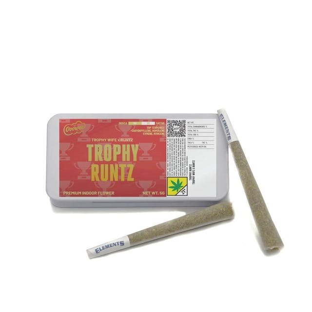 Trophy Wife x Runtz. A pack of five strain specific whole gram pre rolls (5g total).