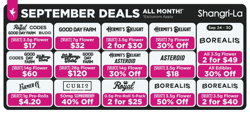 Shangri-La September cannabis deals available all month featuring select 7g flower from Good Day Farm, Royal Cannabis, BUDD and Codes for $17; select Good Day Farm 7g flower for $32; select Hermit’s Delight 3.5g flower 2 for $30 and 7g flower 30% off; select Codes, Highway Hotel and Good Day Farm 14g flower for $60; select Highway Hotel and Good Day Farm 28g flower for $120; select Hermit’s Delight and Asteroid 28g flower for $120; select Asteroid 3.5g flower for $18; Farmer G select 1g pre-rolls for $4.20; Curio Wellness 50mg Slumberberry 40% off; Royal Cannabis 0.5g pre-roll 5-packs, 2 for $25; and Borealis select 3.5g flower 2 for $40 and 50% off. September 24 through 30 Borealis specials include all 3.5g flower 2 for $49 and all edibles 30% off.