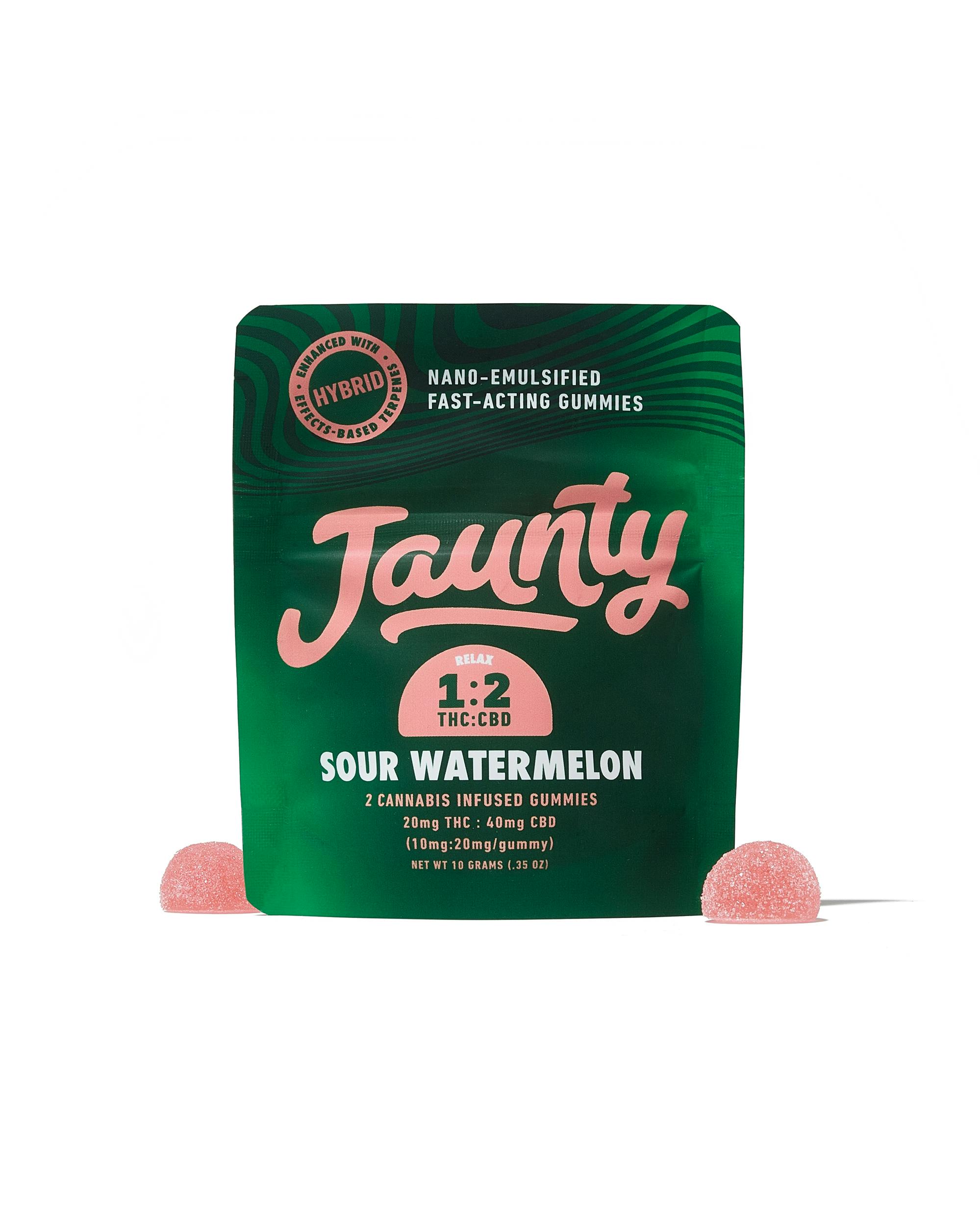Jaunty | Sour Watermelon Gummies | 2 Pack Edibles | 20mg | 1:2 THC:CBD