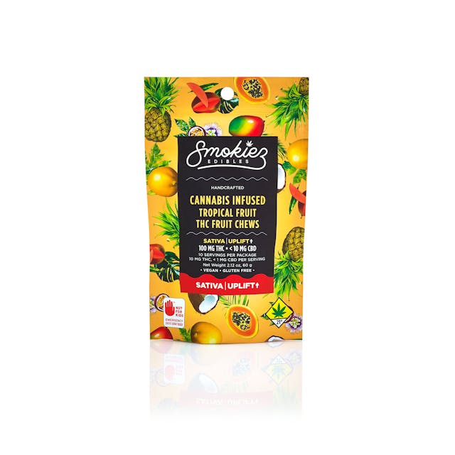 Enhanced with real cannabis terpenes! Smokiez Tropical Fruit Sativa Fruit Chews are NOT YOUR AVERAGE FRUIT CHEWS™ ;) These fruit chews taste like a mesh of fresh tropical fruits, with a balance of sweetness and fruity notes. These delicious fruit chews are a tasty and discreet way for you to medicate! They are also Vegan, Gluten Free, Dairy-Free, and contain NO High Fructose Corn Syrup. Each of our mouth watering fruit chews contain 10 mg of THC, and made with our high clarity cannabis distillate for great taste. There are 10 pieces per package with 100 mg active THC per package.
