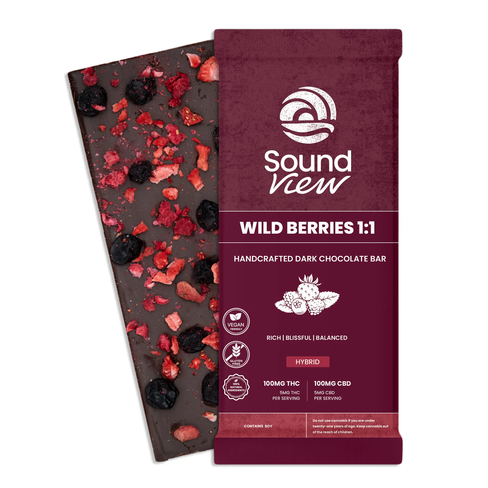 SoundView Wild Berries 1:1 CBD Dark Chocolate Bar T94mg C95.8mg H