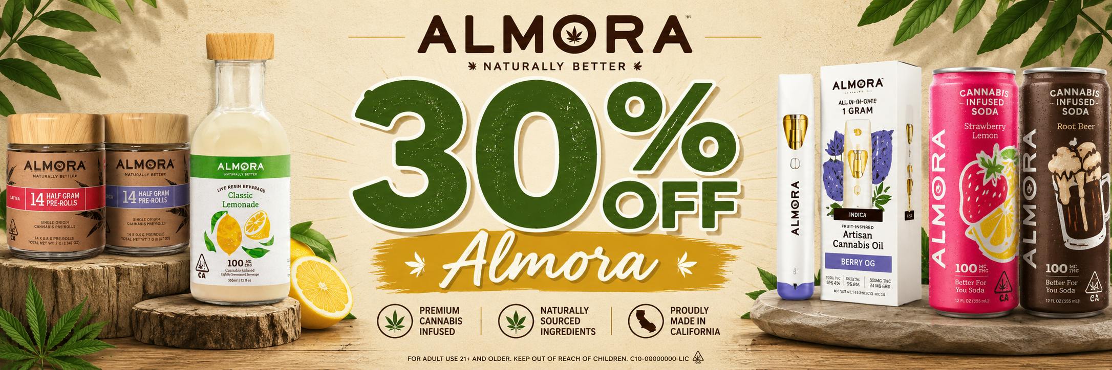 30% off almora farm almora farm on sale near me pre-roll packs on sale vapes on sale all in one on sale sungrown flower  premium cannabis shop local local deals herbnjoy deals herbnjoy sales delivery near me dispensary near me walnut creek
