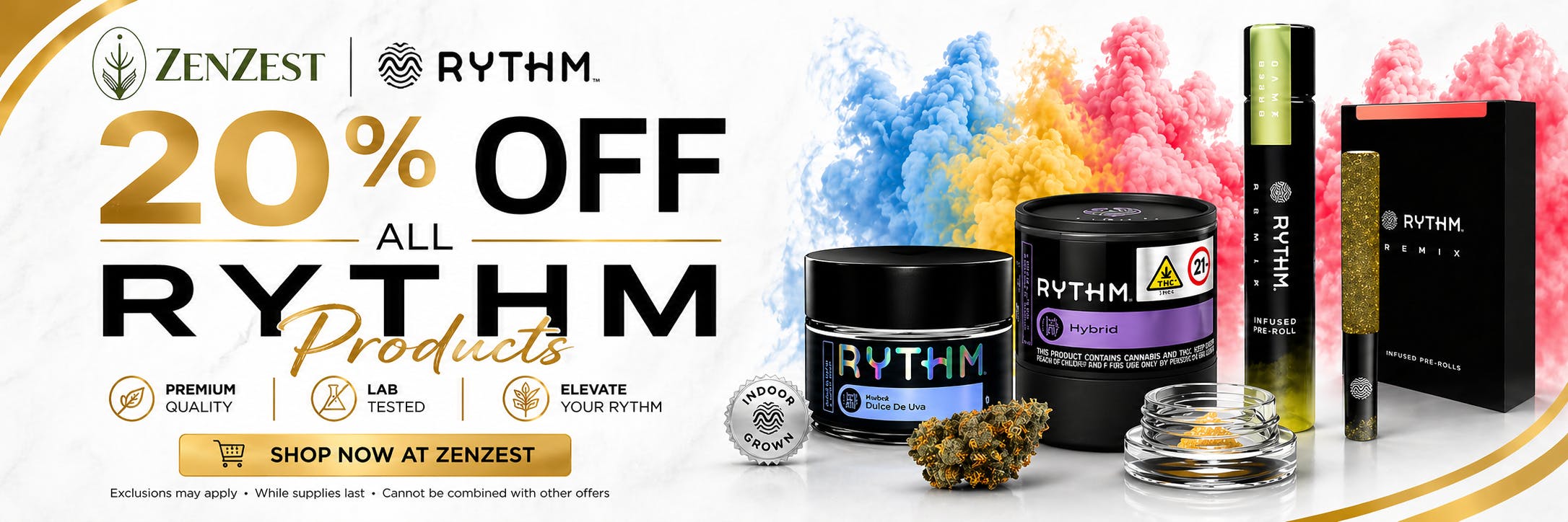 Save 20% on all RYTHM products for a limited time at ZenZest. Explore premium flower, vapes, pre-rolls, and concentrates from one of New York’s most trusted cannabis brands.