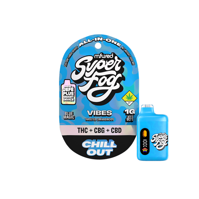 THC + CBG + CBD
Find balance with Chill Out, a vape blending CBD, THC, and CBG for all-day tranquility. It offers a smooth, balanced experience. Ideal for all-day use, it’ll keep you relaxed and steady. Chill Out and enjoy the calm. 
VIBES are Full Spectrum Extracts precision-formulated to drive effects using specific hero cannabinoid combinations. Our unique flavor profiles add layers of complexity while providing a familiar, fun taste.
Introducing the upgraded Mfused Jefé Plus device! 
LED screen display
Dosing Timer – Time your hits to monitor vapor intake
Battery Life – Monitor battery level so you’re never caught off guard
Temperature Display – Easily see which temperature your device is set to
Cold Start Timer – Countdown timer to indicate when device is ready for usage
Spark Button allows for a fully customized cannabis experience
Two Taps – Cold Start: Preheat oil and prevent potential clogging issues
Three Taps – Change Temperature: Three different temperatures
Five Taps – On/Off: Control battery life by turning off device when not in use
Discreet size and ergonomic shape for convenience
Custom-designed atomizer tuned for each oil type and product line
Fast charging via USB-C with multi-day battery endurance
Zero harmful additives 
Independently tested to ensure product safety
Designed, tested and developed in the U.S. with our aerosol testing laboratory
Built-in seven-second safety timer prevents the atomizer from overheating