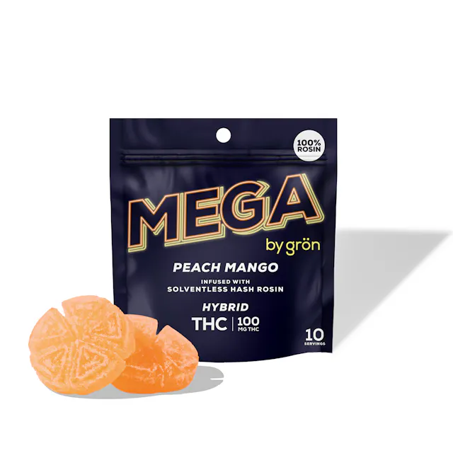 Grön Mega ROSIN Pearl Peach Mango 100mg (hybrid, live rosin gummies, 2.8g)