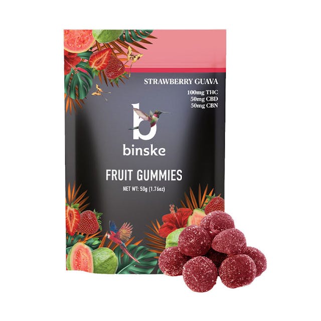 Extraordinarily flavorful, binske gummies are made with only the best natural ingredients. Infused with pure binske cannabis oil, our gummies use real fruit pectin rather than gelatin derived from animal protein, making them vegan-friendly. Now available in new mylar bags, binske gummies continue to set the highest standard. That means keeping our retail partners and our customers 100% satisfied with our products. Mylar bags give our gummies a freshness promise with less packaging waste, easy to stock and display and a longer shelf life. Enjoy a burst of fruit flavor along with a euphoric dose of cannabinoids in every bite! 100mg THC per pack 50mg CBD per pack 50mg CBN per pack 10mg THC per piece 5mg CBD per piece 5mg CBN per piece