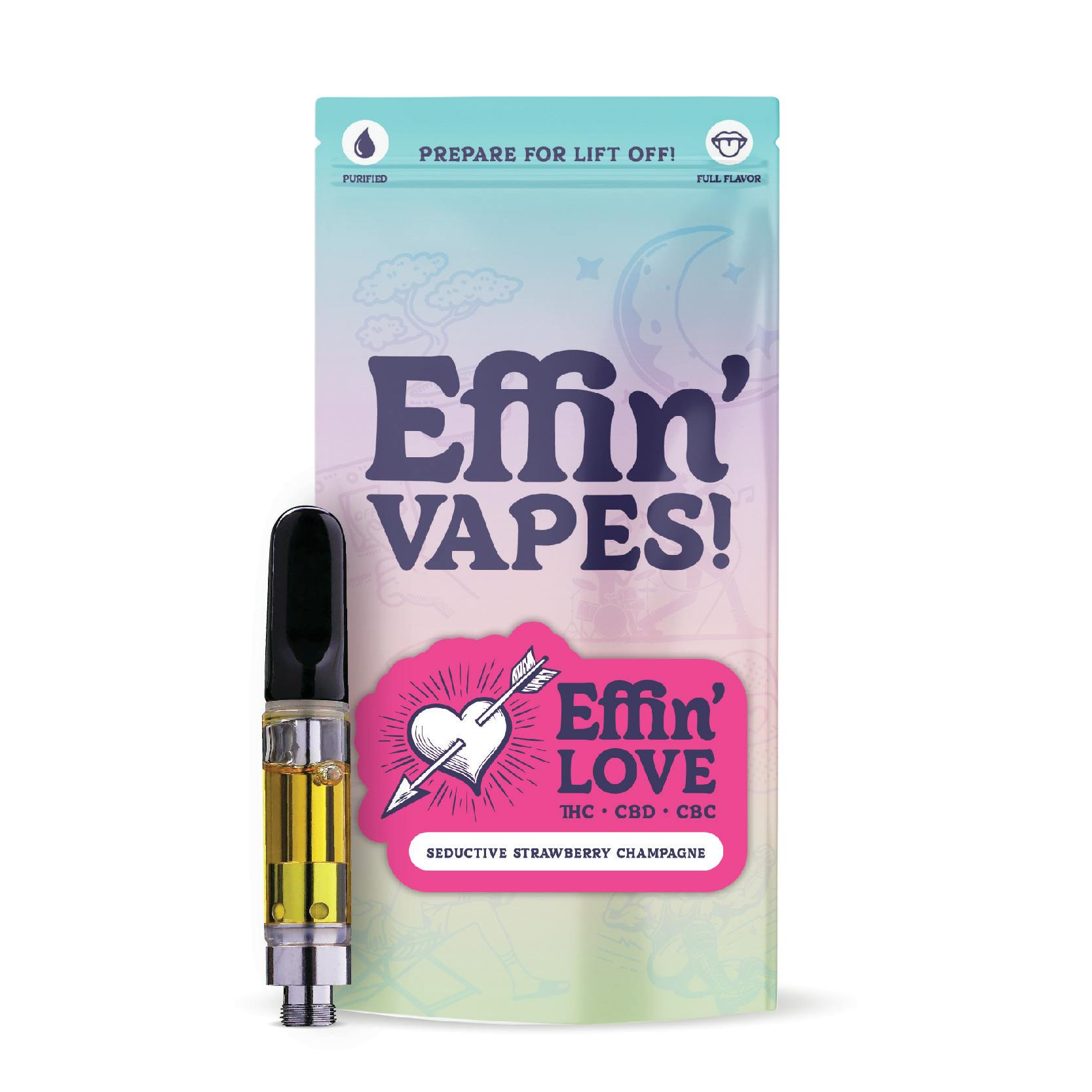 Effin' Love Seductive Strawberry Champagne 14:1:1 THC:CBD:CBC 1g Vape cart  | Planet 13 Waukegan