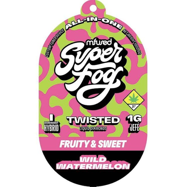 TYPE: Indica Dom. Hybrid TASTING NOTES: Fruity & Sweet -- Wild Watermelon is a beloved melon bubblegum throwback. This classic flavor is a juicy blast of deliciousness you could almost chew. Hit this twist on the fruity, bubblegum nostalgia of days gone by, “Ooh baby, baby, it’s a Wild Watermelon!” -- TWISTED is a flavorful, high-strength concentrate that uses melted THCa diamonds for potency and all-natural terpenes for unique flavor profiles that are exciting and familiar. -- Powered by the Mfused Jefé: + High potency effects from melted THCa diamonds + Mouth-watering flavors from all-natural terpenes + New ergonomic shape is comfortable, discreet and convenient + Custom-designed atomizer is tuned for the most authentic expression of our extracts + Designed, tested and developed in the U.S. with our aerosol testing laboratory + Spark Button allows for a fully customized cannabis experience + Button controls device ON/OFF, cold-start and variable temperature settings + Fast charging via USB-C with multi-day battery endurance + Zero harmful additives + Independently tested to ensure product safety
