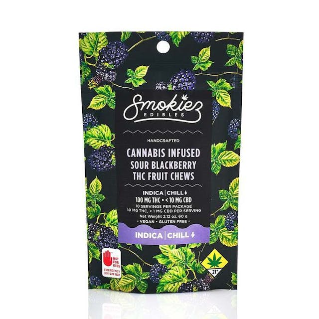 Enhanced with real cannabis terpenes! Smokiez Sour Blackberry Indica Fruit Chews are NOT YOUR AVERAGE FRUIT CHEWS™ ;) These fruit chews taste like fresh blackberries, but with a zing! They have a tangy taste that is reminiscent of ripe berries. These delicious fruit chews are a tasty and discreet way for you to medicate! They are also Vegan, Gluten Free, Dairy-Free, and contain NO High Fructose Corn Syrup. Each of our mouth watering fruit chews contain 10 mg of THC, and made with our high clarity cannabis distillate for great taste. There are 10 pieces per package with 100 mg active THC per package.