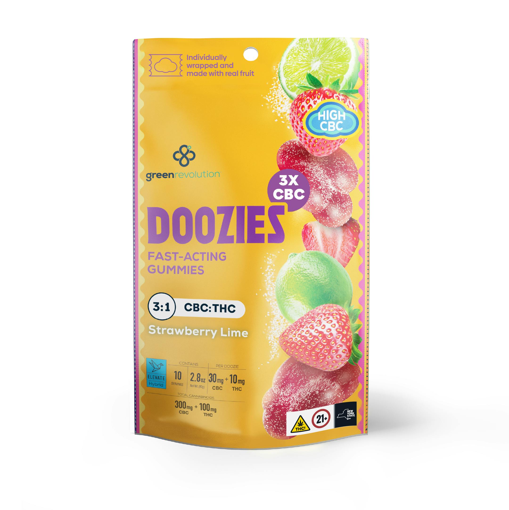 Green Revolution | Strawberry Lime | Doozies | CBC 300mg THC 100mg 3:1 | 10ct