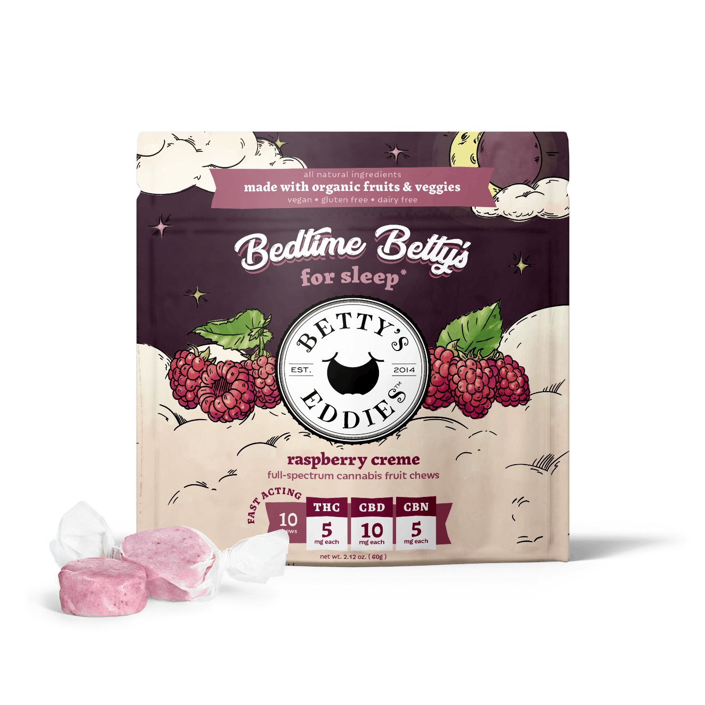 Product Betty's Eddies - Raspberry Creme Bedtime 1:2:1 Fast Acting Taffy (50mg 10pk)