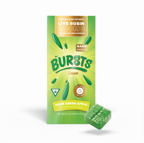 Product: Sour Green Apple Bursts | 50mg x 4pk | Live Rosin Infused | Sauce
