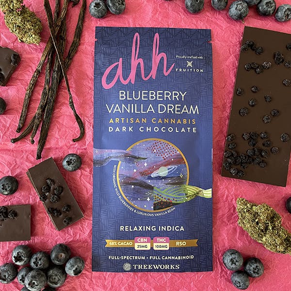 Product: Ahh | Blueberry Vanilla Dream | Dark Chocolate RSO Infused Bar - 100mg
