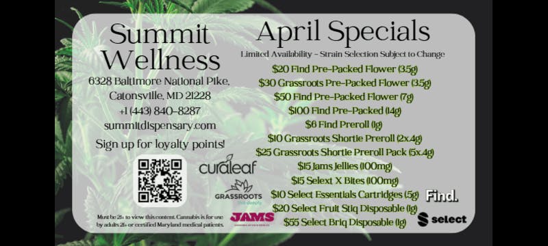 Summit Wellness Menu - a Cannabis Dispensary in Catonsville, MD