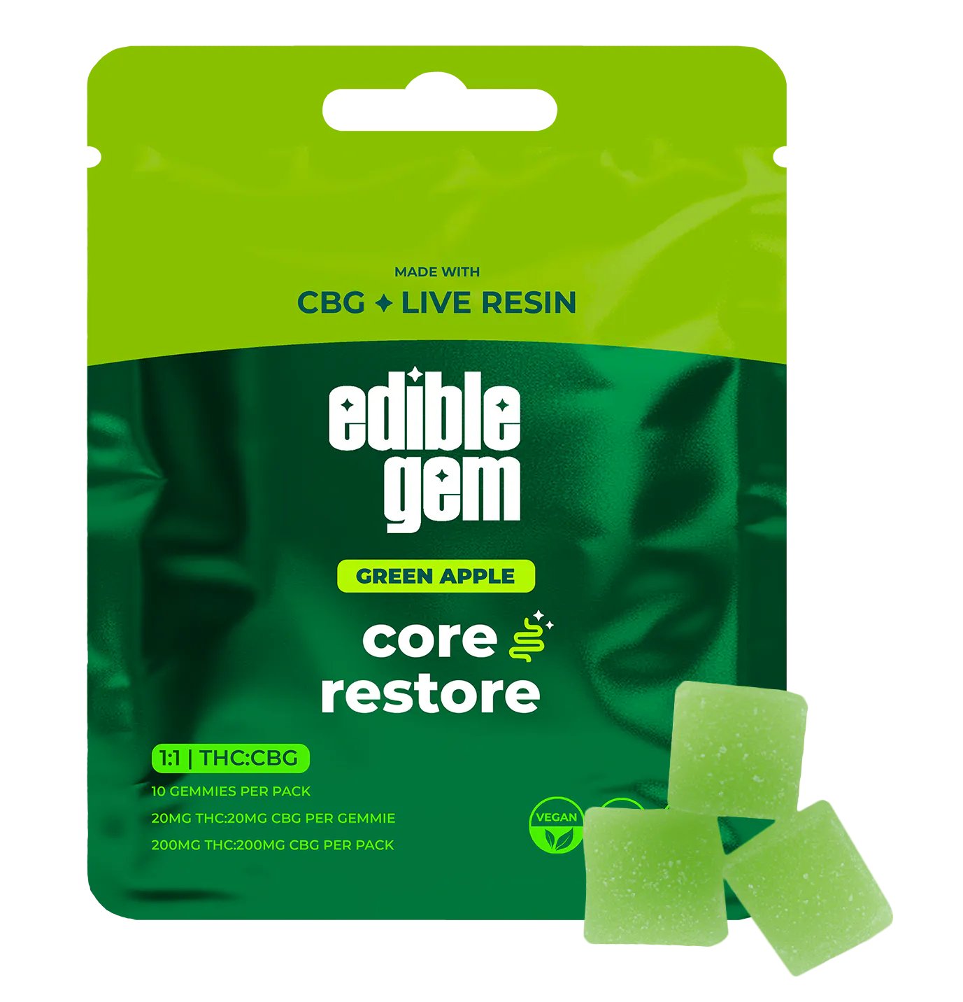 Green Apple | 200MG THC: 200MG CBG Live Resin Gummies | Three