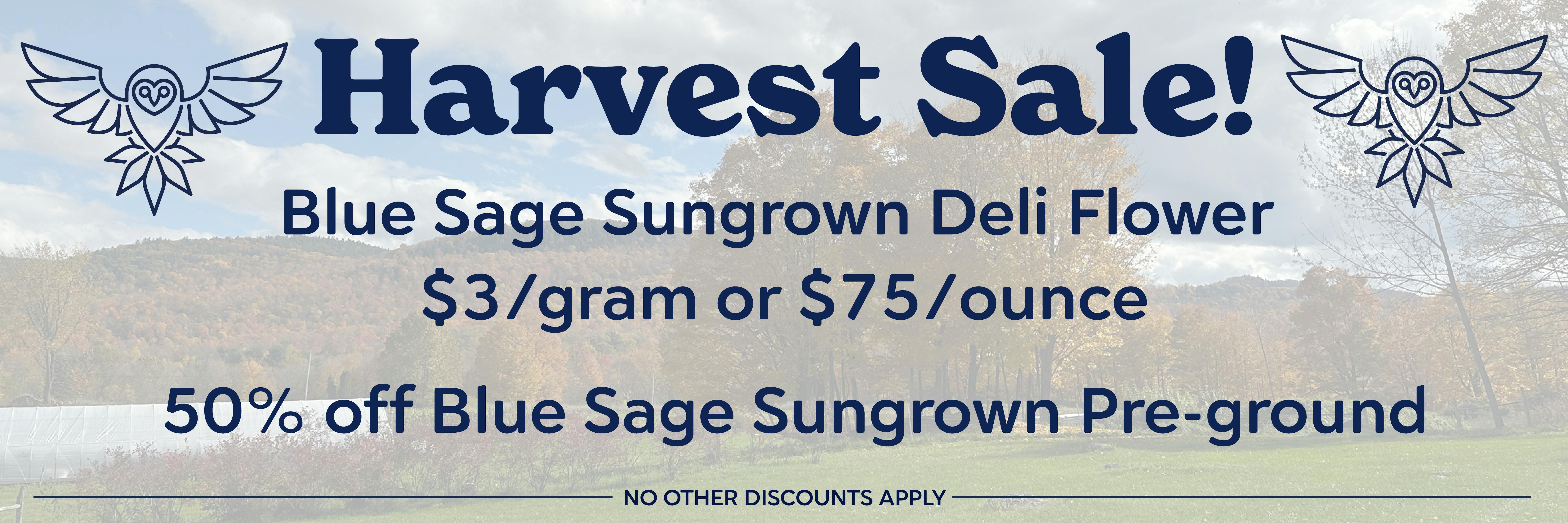 Harvest Sale! Blue Sage Sungrown Deli Flower $3/gram or $75/ounce and Blue Sage Sungrown Pre-ground is 50% Off