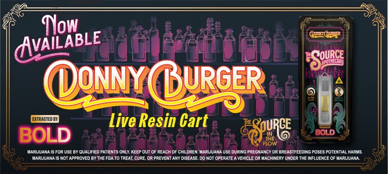 The Source Apothecary's In The Flow Donny Burger Live Resin Cart now available banner, extracted by BOLD, featuring vintage apothecary bottle shelf background and product cartridge packaging.