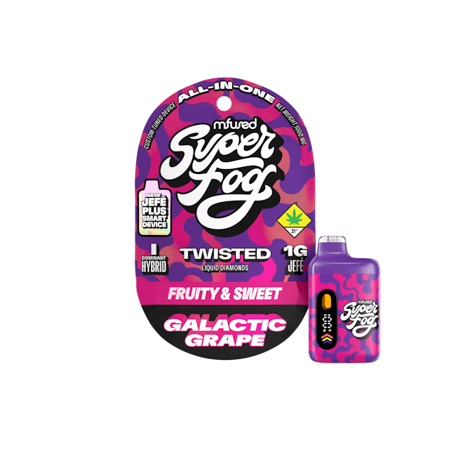 TYPE: Indica Dom. Hybrid 
TASTING NOTES: Fruity & Sweet 
Orbit the Earth with Galactic Grape, the vape that offers an out-of-this-world, juicy grape flavor. It’s your sweet escape, like sipping your favorite grape drink while wearing a sweet space suit. Take your taste buds on a trip into the grape beyond! 
TWISTED is a flavorful, high-strength concentrate that uses melted THCa diamonds for potency and all-natural terpenes for unique flavor profiles that are exciting and familiar. 
Introducing the upgraded Mfused Jefé Plus device! 
LED screen display 
Dosing Timer – Time your hits to monitor vapor intake 
Battery Life – Monitor battery level so you’re never caught off guard 
Temperature Display – Easily see which temperature your device is set to 
Cold Start Timer – Countdown timer to indicate when device is ready for usage 
Spark Button allows for a fully customized cannabis experience 
Two Taps – Cold Start: Preheat oil and prevent potential clogging issues 
Three Taps – Change Temperature: Three different temperatures 
Five Taps – On/Off: Control battery life by turning off device when not in use 
Discreet size and ergonomic shape for convenience 
Custom-designed atomizer tuned for each oil type and product line 
Fast charging via USB-C with multi-day battery endurance 
Zero harmful additives 
Independently tested to ensure product safety 
Designed, tested and developed in the U.S. with our aerosol testing laboratory 
Built-in seven-second safety timer prevents the atomizer from overheating
