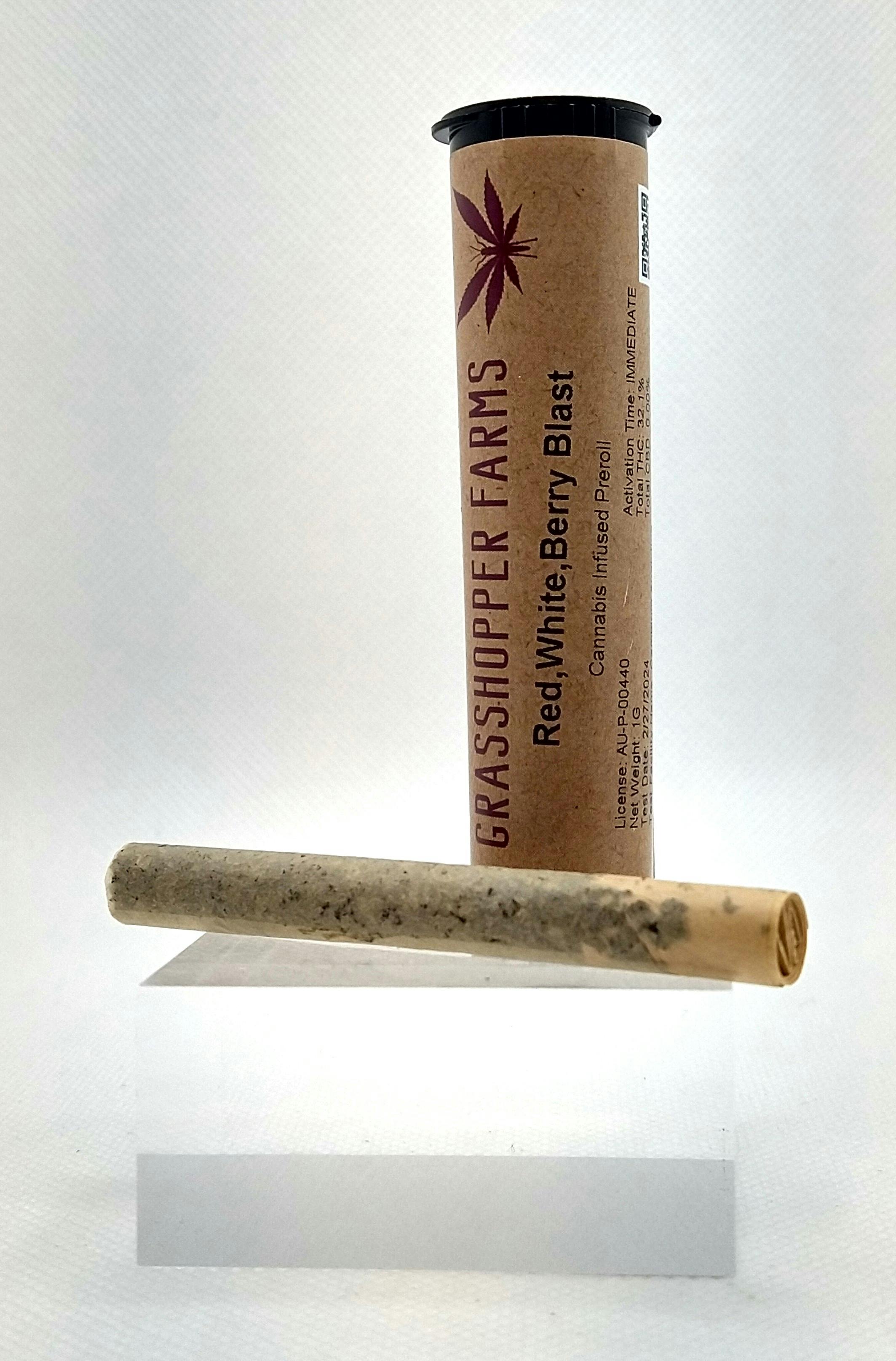 Product: Grasshopper Farms | Red White Berry Blast | Infused Pre-roll Hybrid