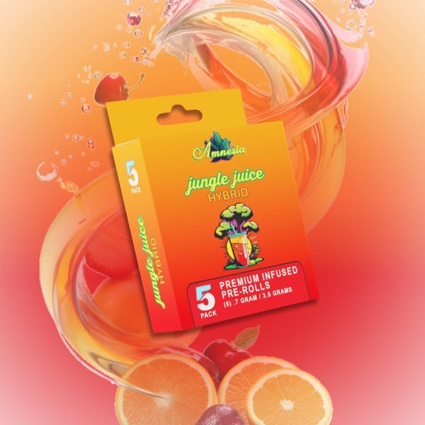 Product: AMNESIA | JUNGLE JUICE | INFUSED PRE-ROLLS (GLASS TIPS) | 5 x 0.7G SATIVA/HYBRID