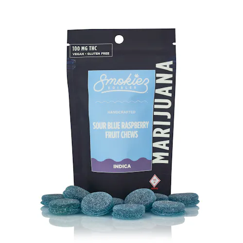 Sour Blue Raspberry Indica  100mg THC Fruit Chews-active