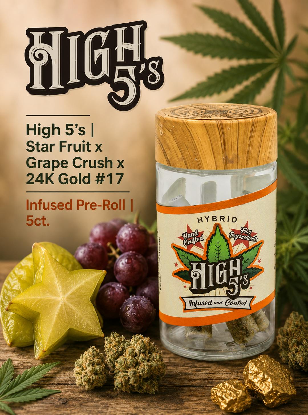 Product High 5's | Star Fruit x Grape Crush x 24K Gold #17 | .8g Pre-Roll | 5ct