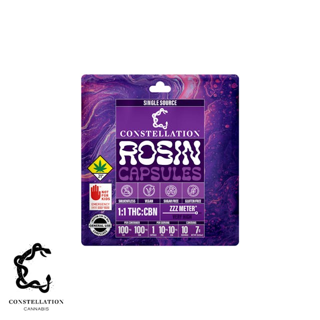 Made by Constellation Cannabis, a family-owned and operated brand, our THC + CBN Space Capsules are crafted with our signature, award winning, solventless hash rosin and Organic Coconut Oil . Our capsules are also made with our sugar-free, gluten-free, and vegan formula resulting in the cleanest, most discreet way to consume cannabis. This balanced 1:1 ratio is designed for deep, dreamy sleep, earning one of the highest scores on our ZZZ Meter.