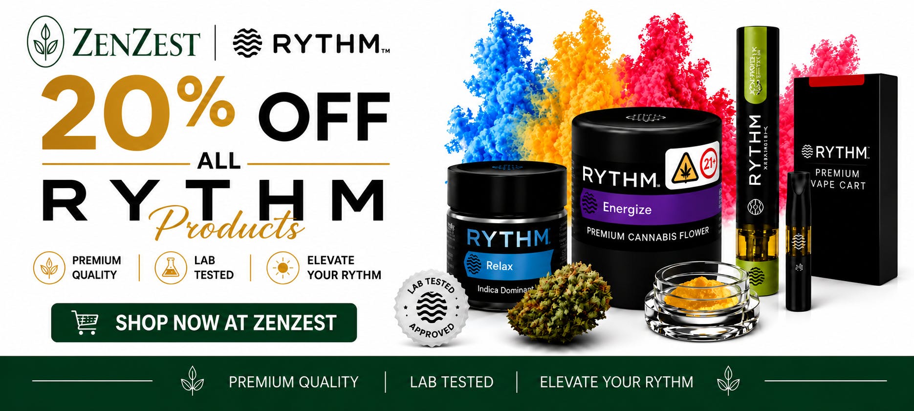 Save 20% on all RYTHM products for a limited time at ZenZest. Explore premium flower, vapes, pre-rolls, and concentrates from one of New York’s most trusted cannabis brands.
