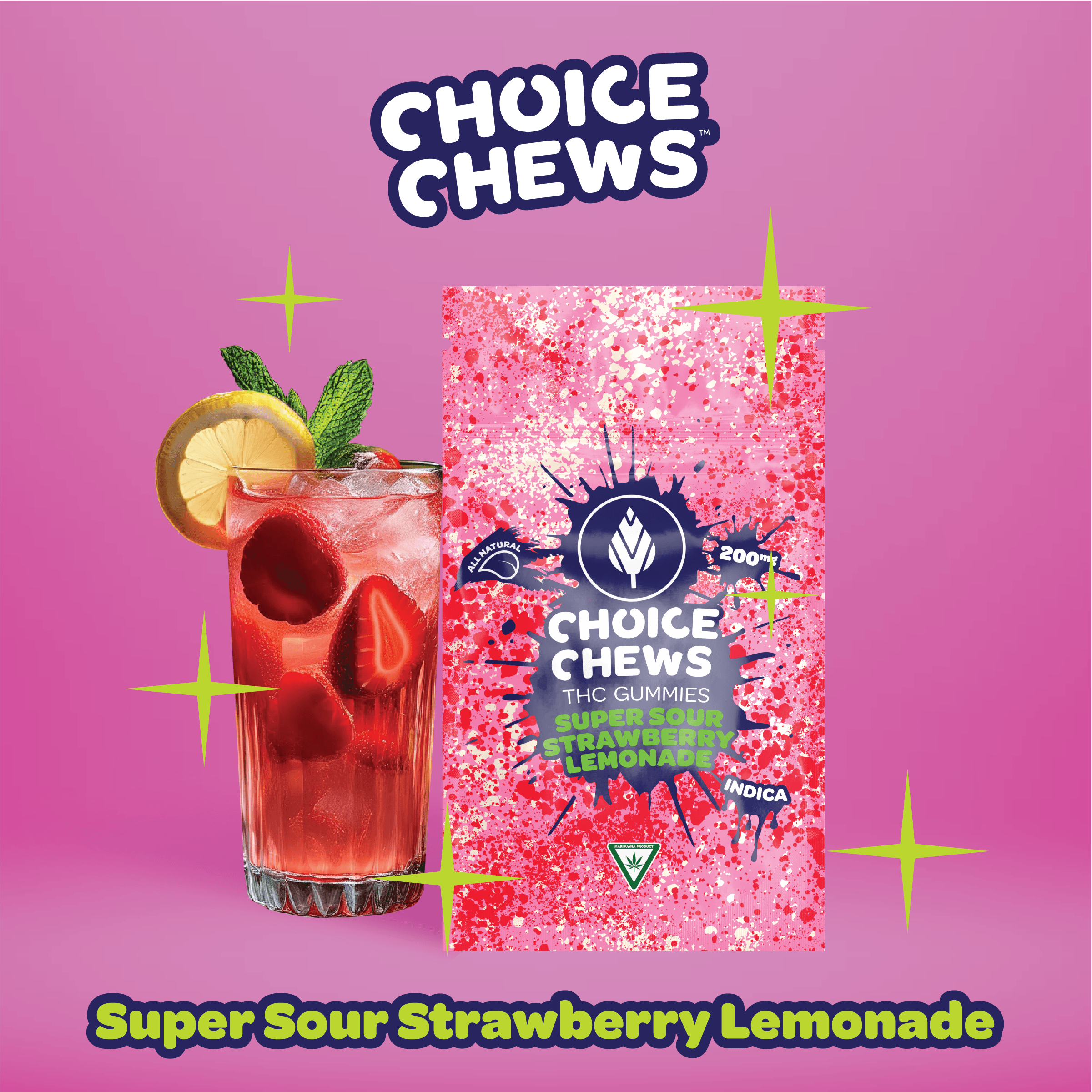 Choice Chews | Super Sour Strawberry Lemonade Indica Gummies | 200mg