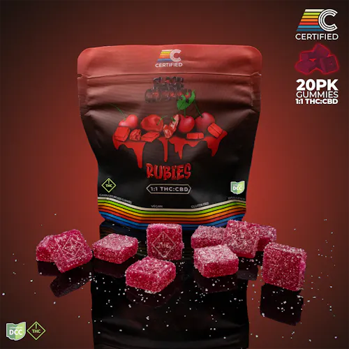 Certified: 1:1 THC:CBD Black Cherry Rubies – Gummies 20pk 100mg-active