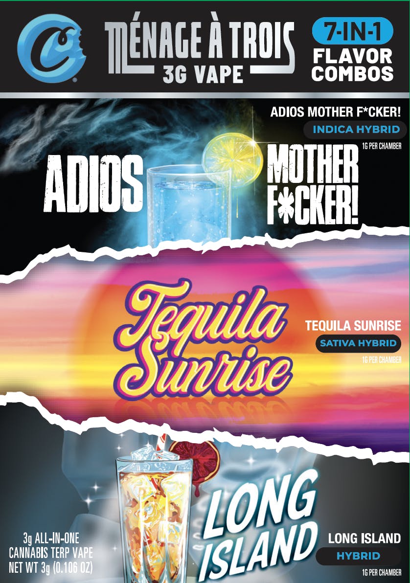 Cookies | Tequila Sunrise (Sativa) & Adios MF'er (Indica) & Long Island (Hybrid) | 3G Digital Tri Chamber Disposable