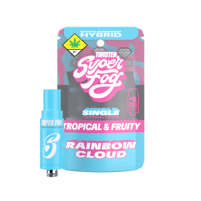 TYPE: Sativa Dom. Hybrid
TASTING NOTES: Tropical & Fruity

Rainbow Cloud leans into fruity tropical flavor with bursts of berry and a sugary cotton candy twist that lingers nicely. Think vibrant, feel-good flavor that keeps things fun without going over the top.

Powered by Mfused Hardware Technology:
1g cartridge with standard 510 threading (14mm diameter) 
Proprietary mouthpiece designed for optimized airflow and longer sessions 
Ceramic coil construction optimized for clean, consistent flavor and vapor production 
Compatible with all Super Fog devices 
Constructed from premium, cannabis-compliant materials including ceramic, glass, and stainless steel