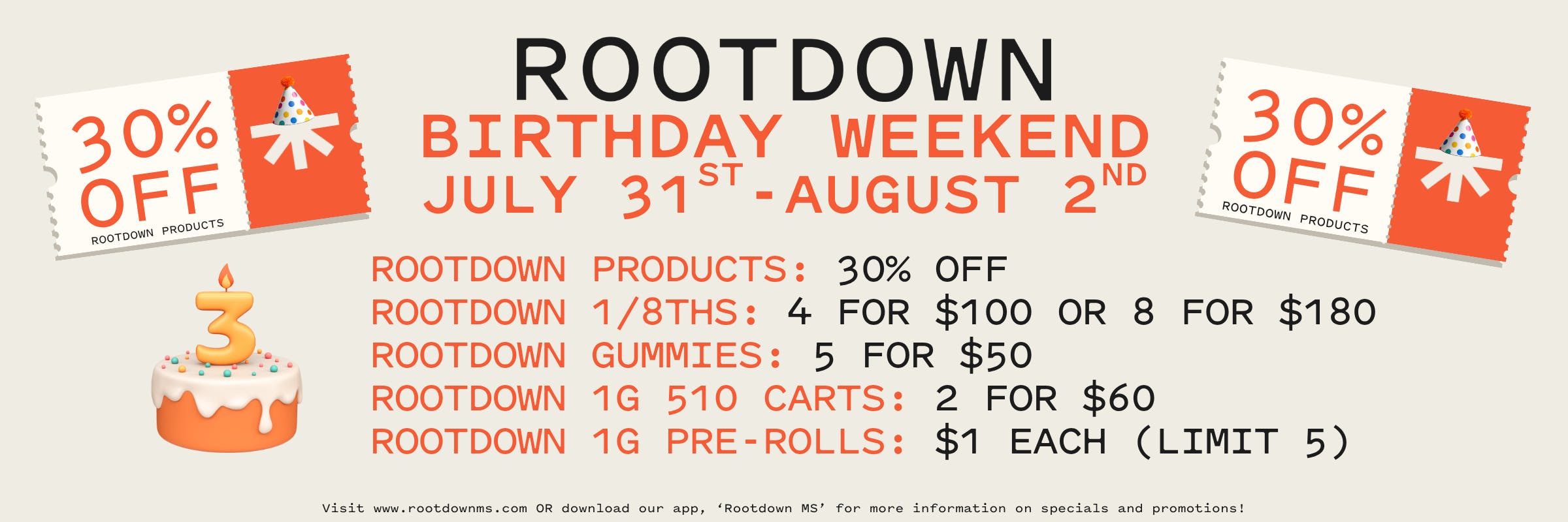 ROOTDOWN, BIRTHDAY, storewide, flower, pre-pack, pre-roll, edibles, concentrates, discount, sale, promo, online, online orders, orders, pickup