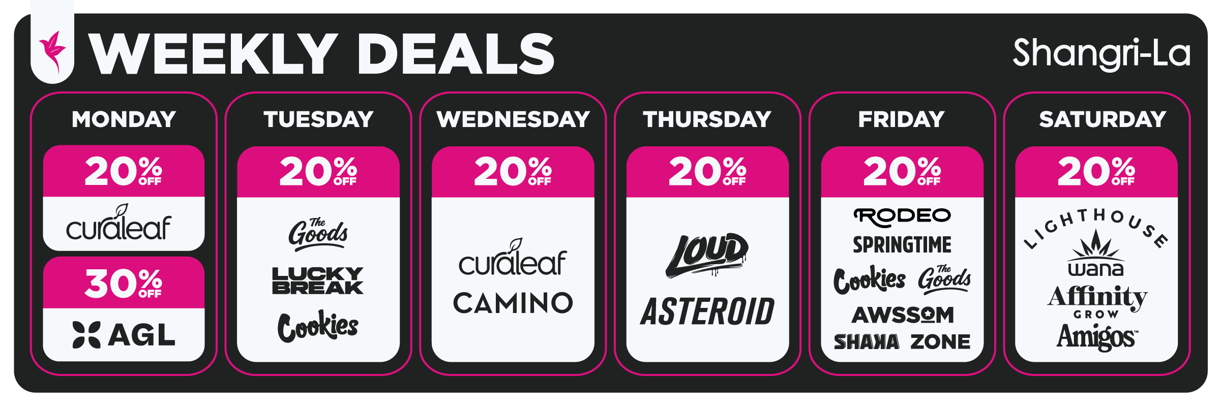Shangri-La Connecticut weekly cannabis deals banner featuring daily discounts on Curaleaf, AGL, The Goods, Lucky Break, Cookies, Camino, Loud, Asteroid, Rodeo, Springtime, AWSSM, Shaka, Zone, Lighthouse, Wana, Affinity Grow, and Amigos cannabis brands.