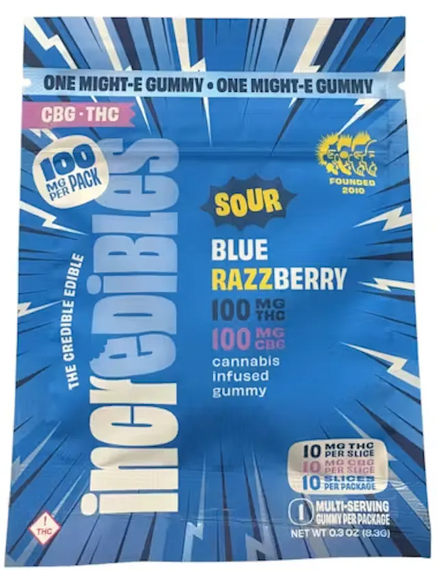 Incredibles Gummies Sour Blue Razzberry 1 THC : 1 CBG 100mg (hybrid, 2.8g)
