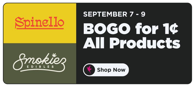 Shangri-La cannabis deal featuring buy one, get one for $0.01 on all Spinello and Smokiez Edibles products from September 7 through September 9.