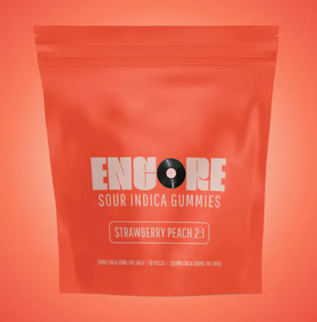 Encore Sour Gummies Strawberry Peach 2 CBD : 1 THC 10pk/100mg (indica, 2.8g)