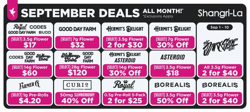 Shangri-La September cannabis deals available all month featuring select 7g flower from Good Day Farm, Royal Cannabis, BUDD and Codes for $17; select Good Day Farm 7g flower for $32; select Hermit’s Delight 3.5g flower 2 for $30 and 7g flower 30% off; select Codes, Highway Hotel and Good Day Farm 14g flower for $60; select Highway Hotel and Good Day Farm 28g flower for $120; select Hermit’s Delight and Asteroid 28g flower for $120; select Asteroid 3.5g flower for $18; Farmer G select 1g pre-rolls for $4.20; Curio Wellness 50mg Slumberberry 40% off; Royal Cannabis 0.5g pre-roll 5-packs, 2 for $25; Borealis select 3.5g flower 2 for $40 and 50% off; plus The Darkside all 3.5g flower 2 for $40 from September 1 through September 10.