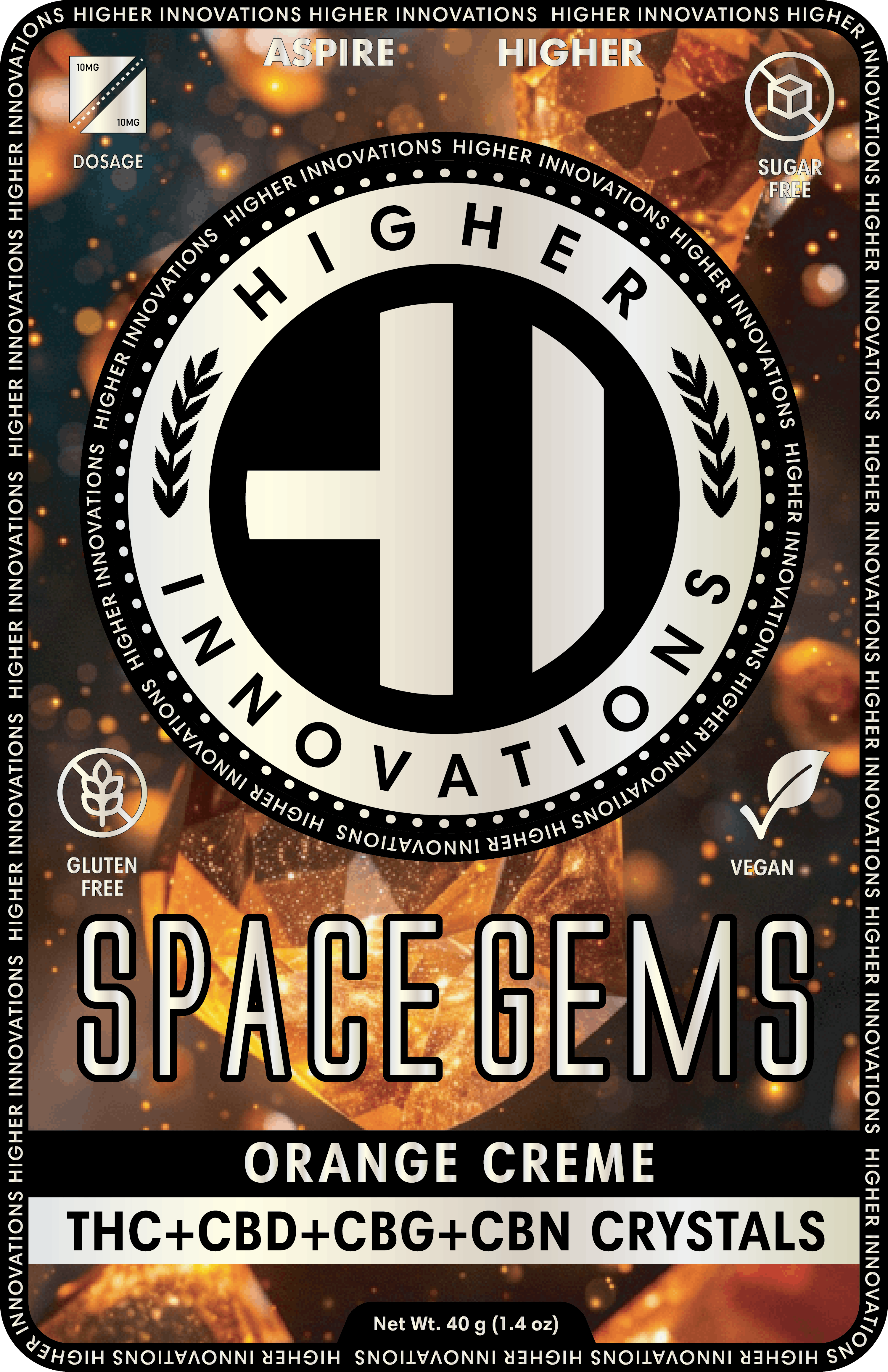 Product: Higher Innovation | Orange Creme | Infused Space Gems | 200mg 1:1:1:1 THC:CBD:CBG:CBN | Hybrid