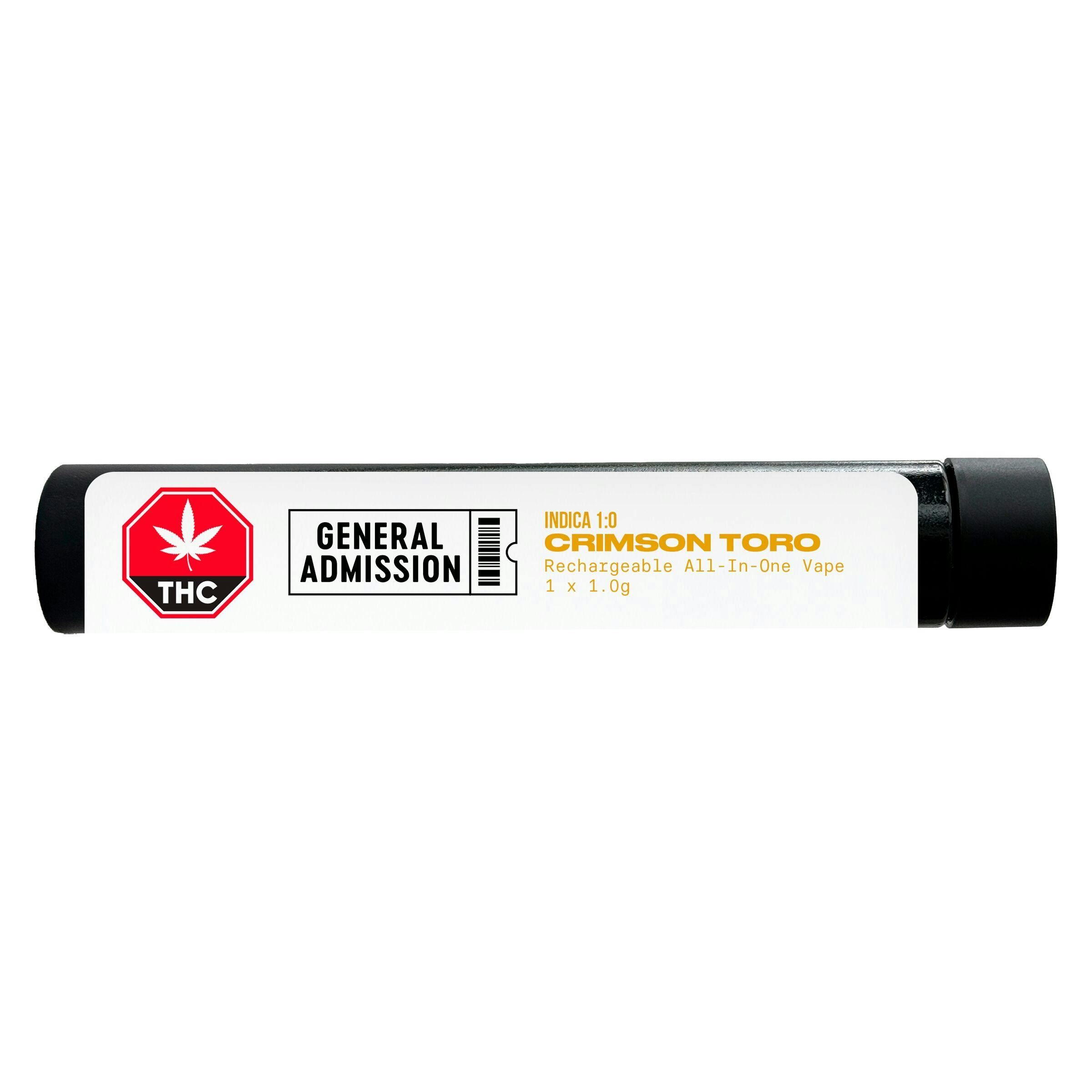General admission - crimson toro indica (1:0) reachargeable all-in-one vape