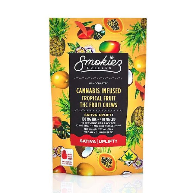 Enhanced with real cannabis terpenes! Smokiez Tropical Fruit Sativa Fruit Chews are NOT YOUR AVERAGE FRUIT CHEWS™ ;) These fruit chews taste like a mesh of fresh tropical fruits, with a balance of sweetness and fruity notes. These delicious fruit chews are a tasty and discreet way for you to medicate! They are also Vegan, Gluten Free, Dairy-Free, and contain NO High Fructose Corn Syrup. Each of our mouth watering fruit chews contain 10 mg of THC, and made with our high clarity cannabis distillate for great taste. There are 10 pieces per package with 100 mg active THC per package.