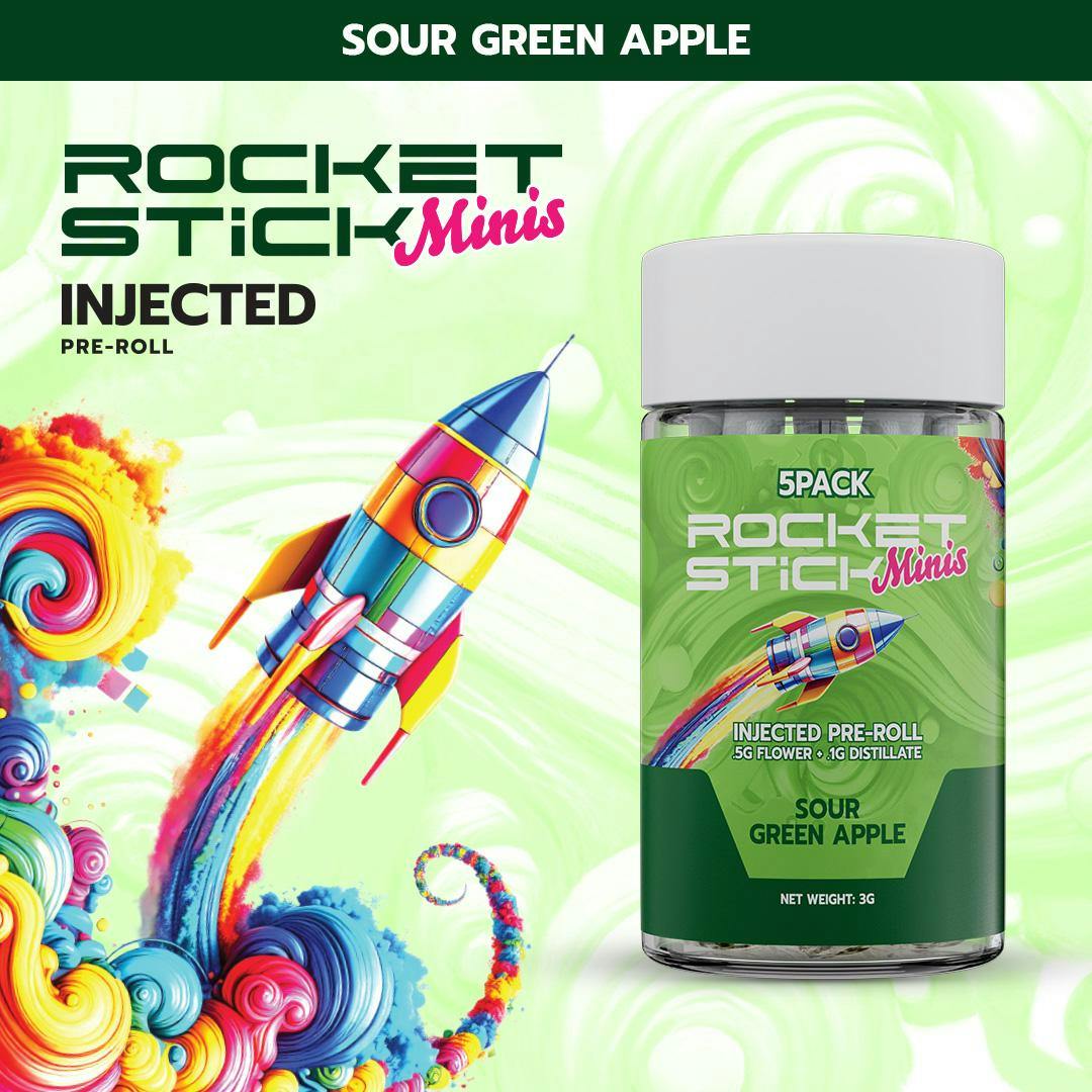 Rocket Stick Minis - Injected Pre Roll Pack (5 x 0.6g) - Sour Green Apple