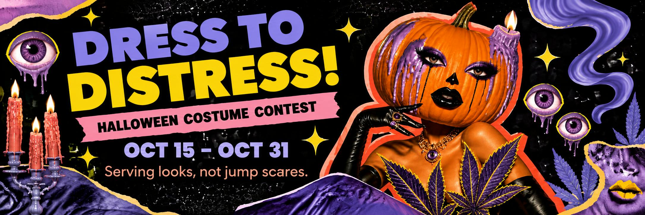 Lady L Halloween Costume Contest featuring a glamorous pumpkin character, purple Halloween decorations, and the headline "Dress to Distress!" Running October 15–31 in Jersey City.
