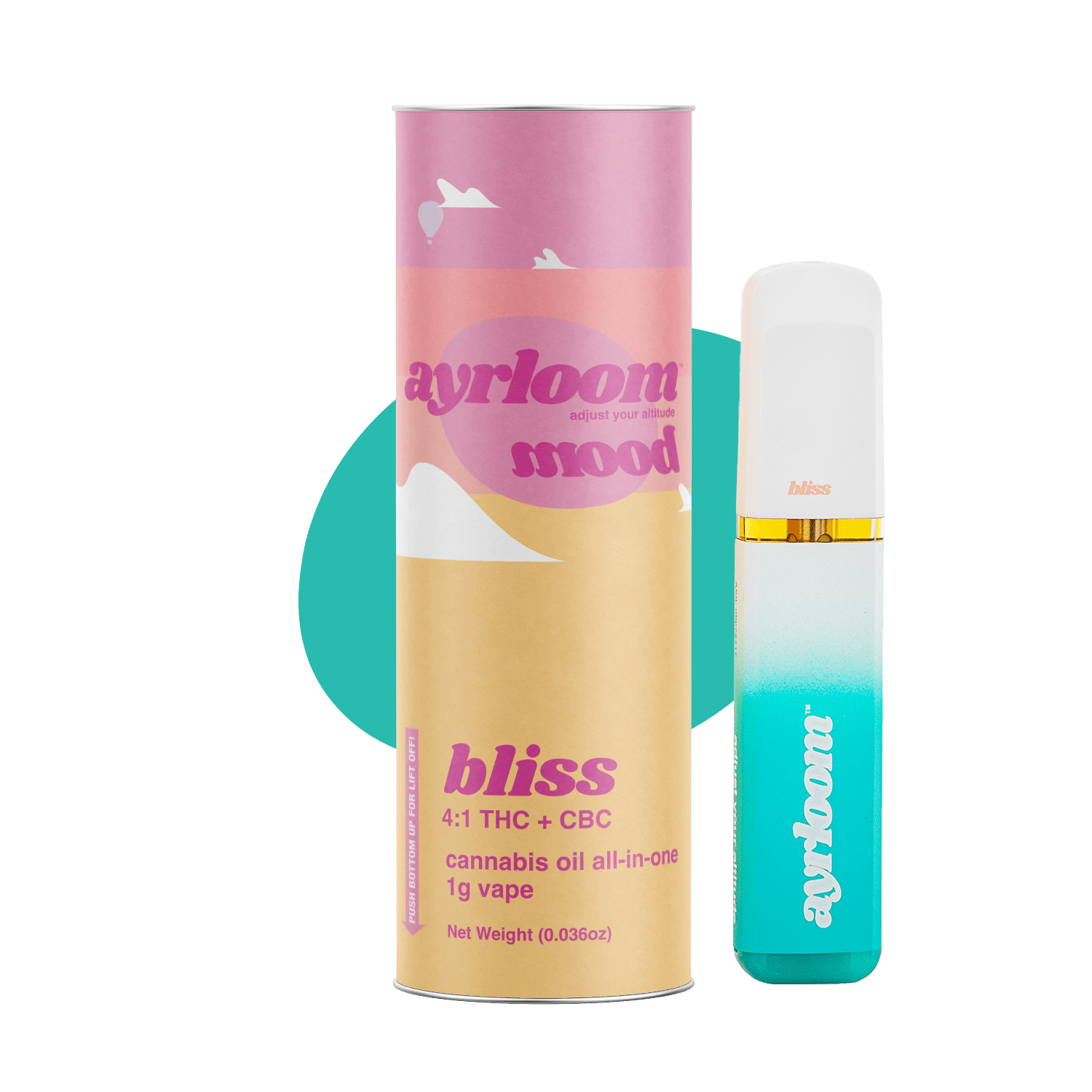 Ayrloom | 1G Vape AIO | Bliss | 4:1 THC:CBCayrloomSativa-HybridTHC: 72.84%TERPS: 2.59%25% off orders over $200+1