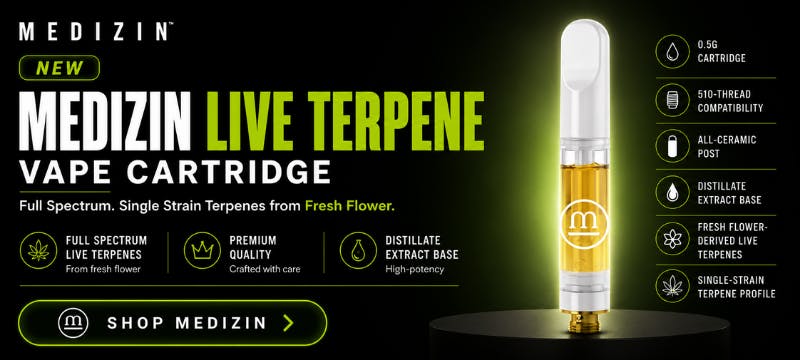 Medizin Live Terpene Vape Cartridge. Full Spectrum. Single Strain Terpenes from Fresh Flower. Potency of Distillate. 0.5g Cartridge.