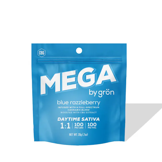 Grön Mega Pearl Blue Razzleberry 1 THC : 1 CBG 100mg (sativa, gummies, 2.8g)