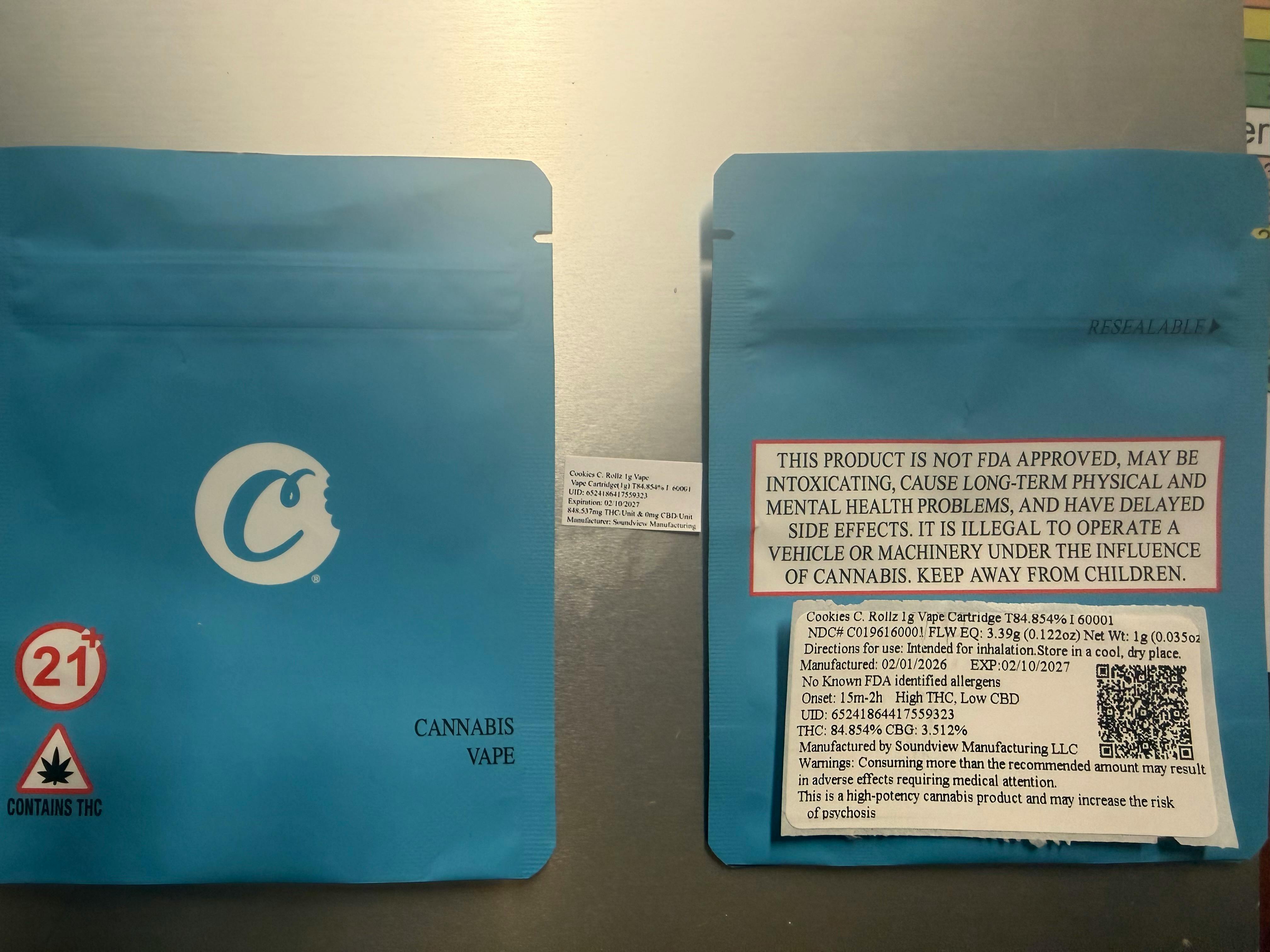 Cookies C. Rollz 1g Vape Cartridge T84.854% I 60001 | Lit New Haven