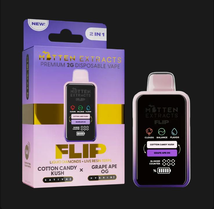 FLIP COTTON CANDY KUSH x GRAPE APE OG DISPOSABLE SATIVA/HYBRID by Mitten Extracts – Vapes at Gatsby Cannabis