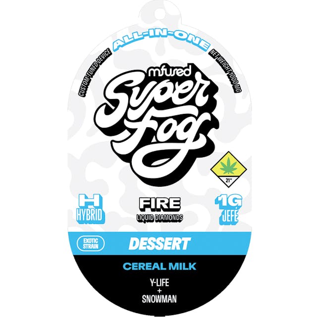 TYPE: Hybrid GENETICS: Y-Life x Snowman CLASSIFICATION: Exotic Strain / Sweet Profile -- Cereal Milk is an exotic strain that hits like a bowl of sweet nostalgia. Its creamy, delightful flavor and smooth high make it your go-to for a mellow, uplifting experience. Pour yourself a puff of Cereal Milk. It’s magically dab-a-licious! -- FIRE is a high-potency concentrate crafted from melted THCa diamonds and live resin terpenes, delivering a pure, authentic and complex flavor. This robust extract is powerful and delivers accelerated, intense effects to the user due to its remarkably high THC concentration. -- Powered by the Mfused Jefé: + True-to-strain cannabis profiles from live terpenes + High potency effects from melted THCa diamonds + New ergonomic shape is comfortable, discreet and convenient + Custom-designed atomizer, tuned for the most authentic expression of our extracts + Designed, tested and developed in the U.S. with our aerosol testing laboratory + Spark Button allows for a fully customized cannabis experience + Button controls device ON/OFF, cold-start and variable temperature settings + Fast charging via USB-C with multi-day battery endurance + Zero artificial additives or flavoring + Independently tested to ensure product safety