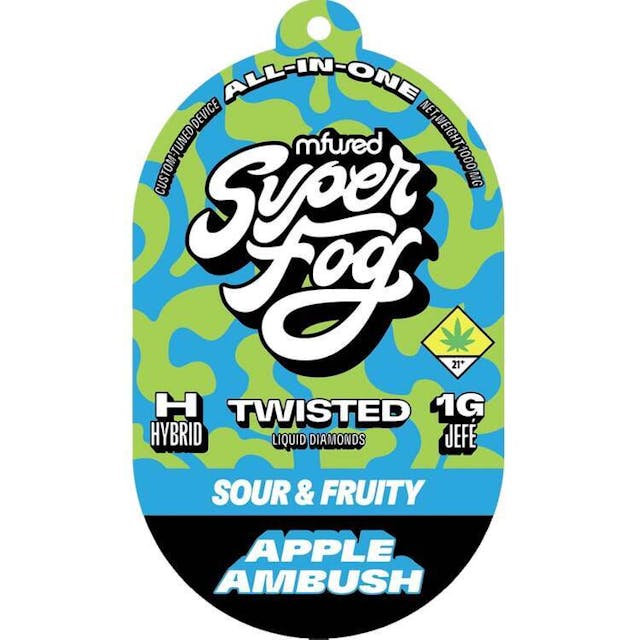 TYPE: Hybrid TASTING NOTES: Sour &amp; Fruity -- It's coming for you! Get ready for Apple Ambush, the vape that hits you with a burst of crisp apple flavor. Perfect for a refreshing break, it'll be the apple of your eye. Mount up and ambush your taste buds today! -- TWISTED is a flavorful, high-strength concentrate that uses melted THCa diamonds for potency and all-natural terpenes for unique flavor profiles that are exciting and familiar. -- Powered by the Mfused Jefé: + High potency effects from melted THCa diamonds + Mouth-watering flavors from all-natural terpenes + New ergonomic shape is comfortable, discreet and convenient + Custom-designed atomizer is tuned for the most authentic expression of our extracts + Designed, tested and developed in the U.S. with our aerosol testing laboratory + Spark Button allows for a fully customized cannabis experience + Button controls device ON/OFF, cold-start and variable temperature settings + Fast charging via USB-C with multi-day battery endurance + Zero harmful additives + Independently tested to ensure product safety